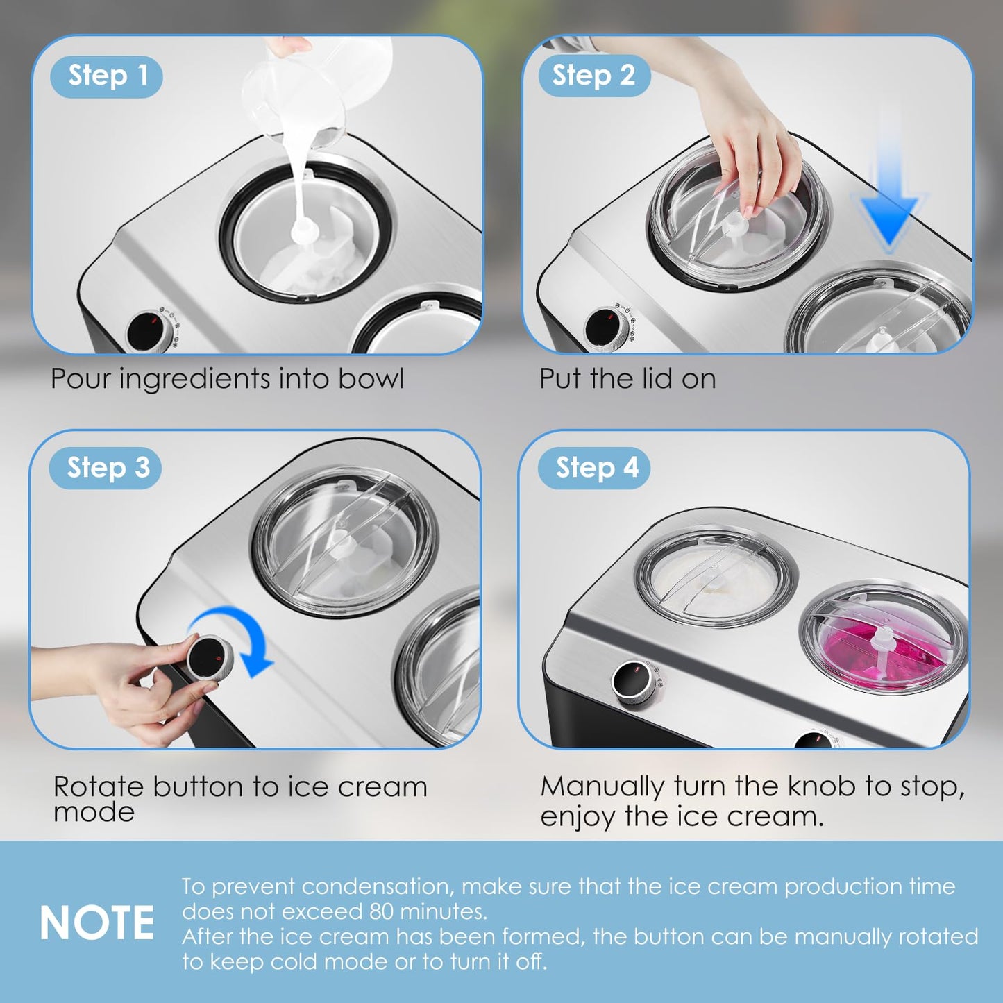 Homtone 2 Flavor Ice Cream Maker,Automatic Compressor Ice Cream Maker Machine with 2 Bowls,2.6QT (2 x 1.3qt) Largest Capacity & Fastest Freezing Ice Cream Machine, 3 Modes, Keep Cool Function