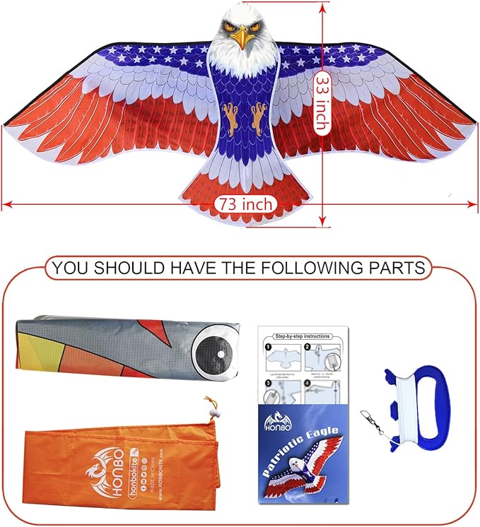 HONBO Huge Patriotic Eagle Kites for Adults and Kids,Easy to Fly for Beach Trip, Outdoor Activities-Wingspan 73”-200ft Line with Swivel-Bonus Durable Polyester Bag
