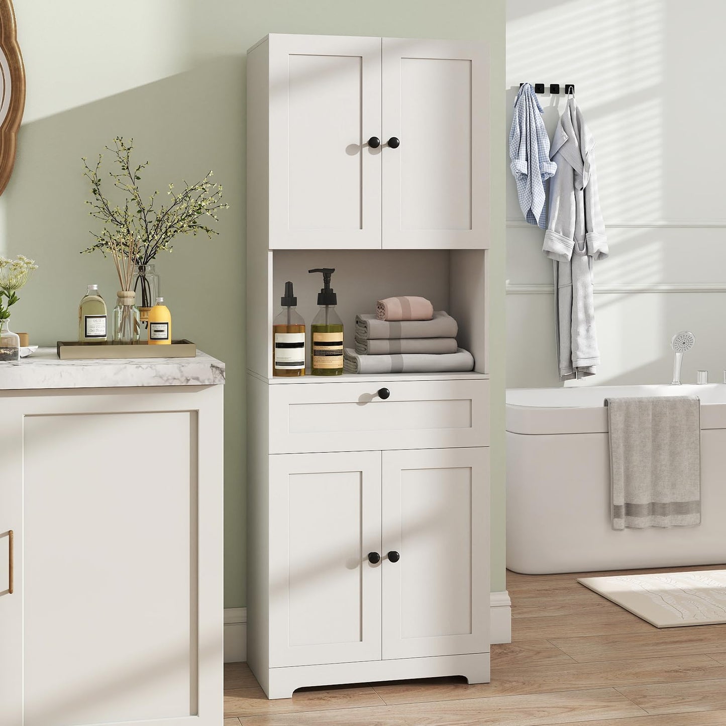 Giantex Kitchen Pantry Cabinet, 67.5" Tall Floor Storage Cabinet w/4 Doors & 1 Drawer, Modern Freestanding Bathroom Organizer w/Open Countertop & Adjustable Shelf for Dining Room, Living Room (White)