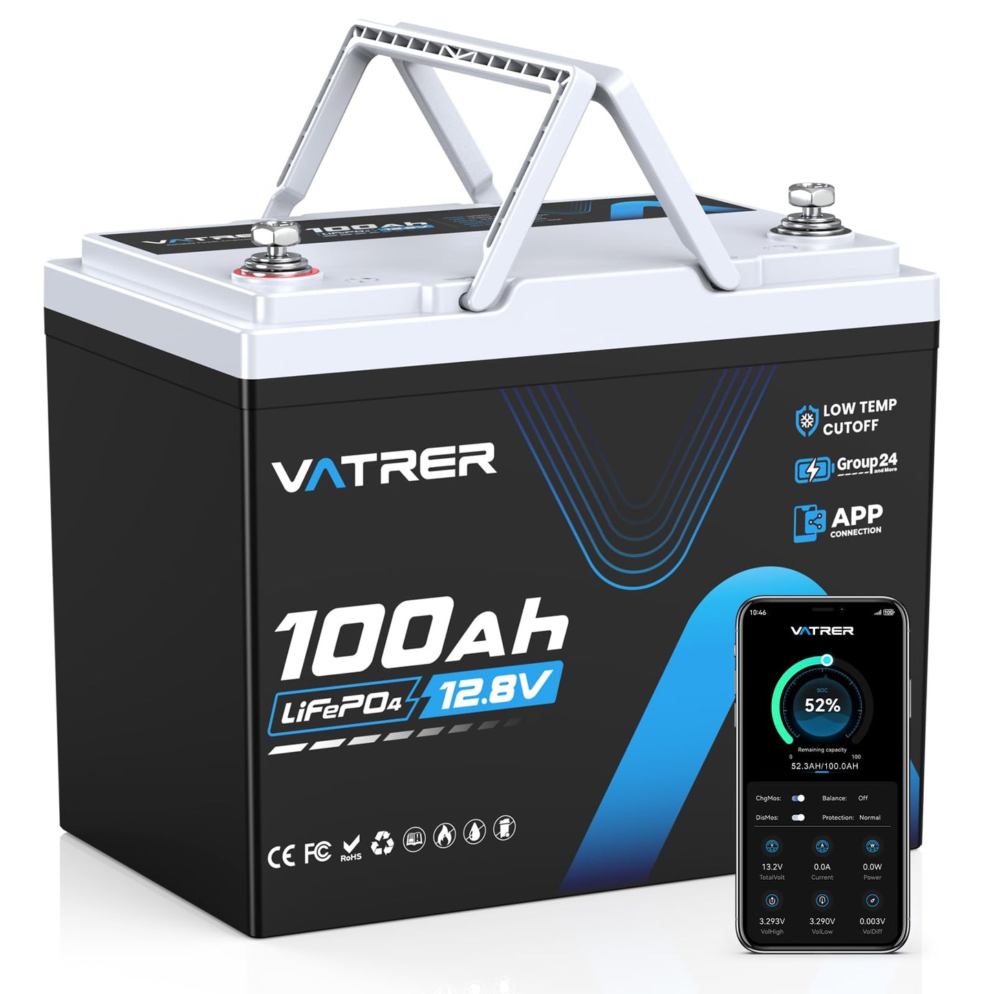 150A BMS 12V 100Ah Group 24 Lithium Battery with APP Monitoring, Rechargeable LiFePO4 Trolling Motor Battery, Multi-Protection, 1.92kW Max Load Power for RVs, Boats, Off-Grid, Home Energy Storage, etc