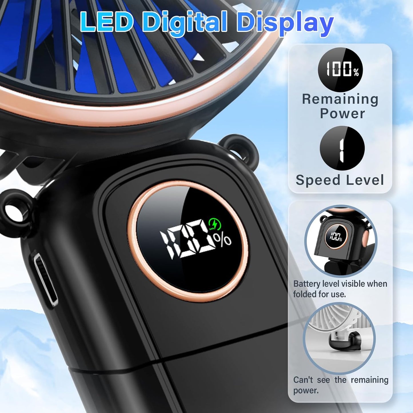 Skiennix Portable Handheld Fan - USB Rechargeable Mini Fan with 22-Hour Runtime & LED Display | 6 Speeds, Ideal for Travel & Outdoor Use