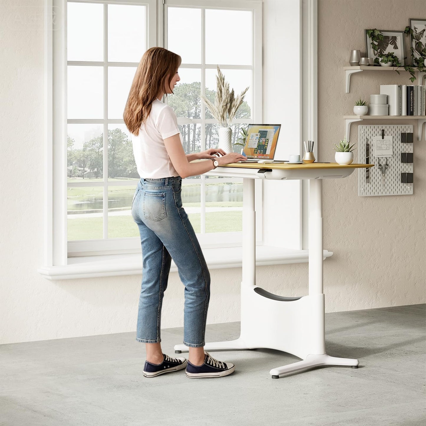 COLAMY Electric Adjustable Standing Desk – 48 x 28 Inch Sit Stand Desk with Drawer & Cable Management, Dual Motor Lift System, Ergonomic Footrest, Home Office Table (Veneer Desktop, Oak + White)