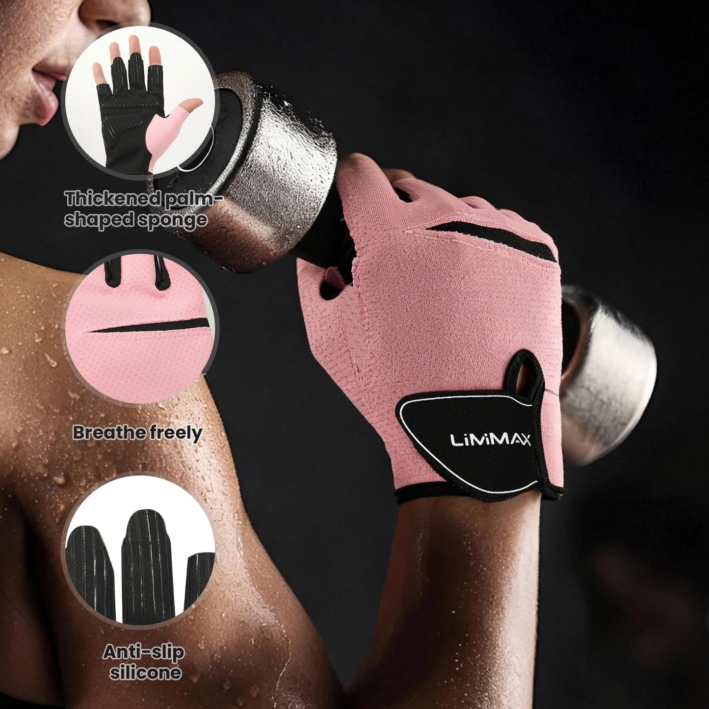 LiMiMAX Workout Gloves for Women & Men, Breathable Half Finger Gym Gloves with Non-Slip Padded Palm, Lightweight Fitness Gloves for Weight Lifting, Cycling, Crossfit, Training, Pink