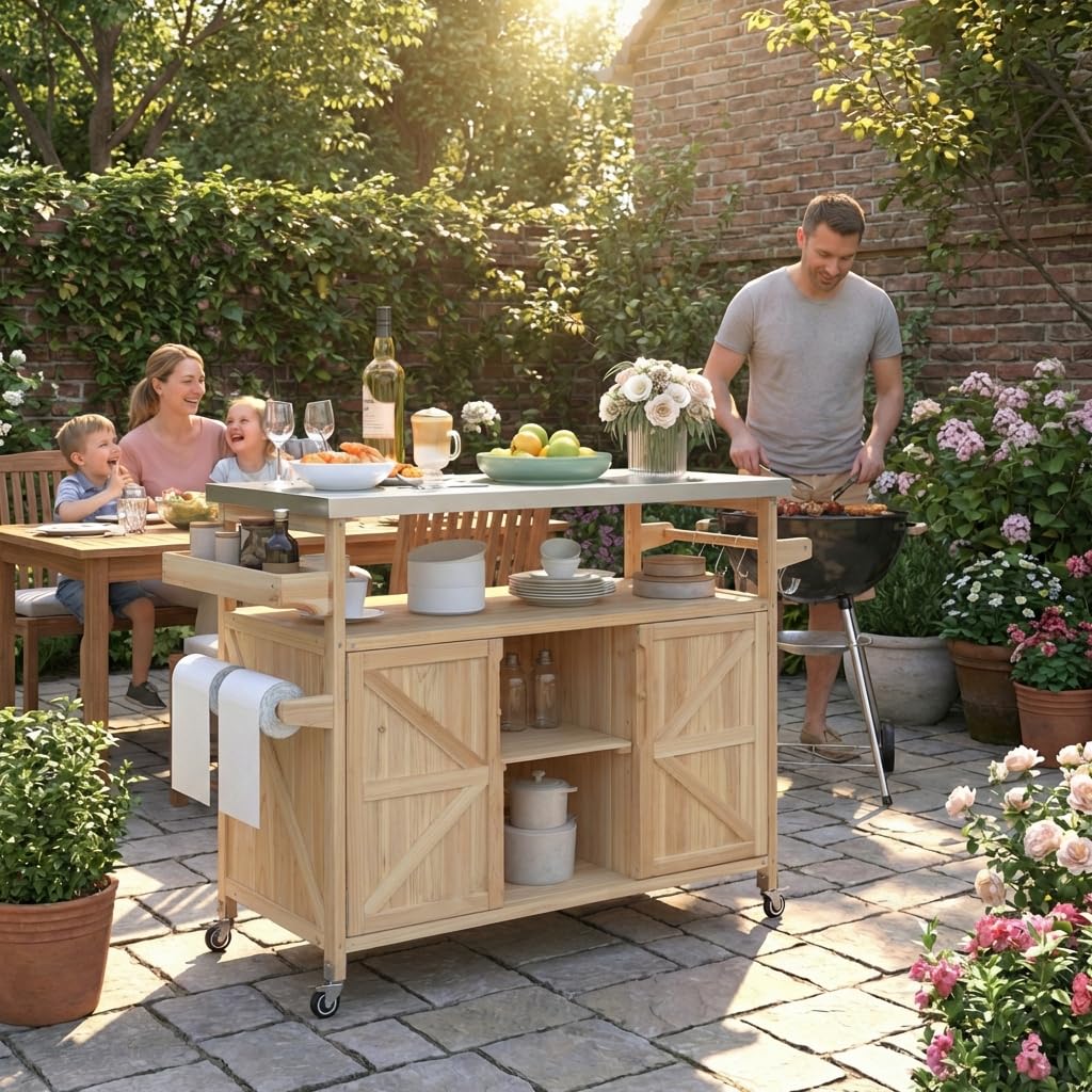 Waully 50.25" Outdoor Kitchen Island with Wheels for Food Prep, Strage, Bar, Rolling Outdoor Grill Table for Outside, Outside Cooking Table, Grill Carts, Cooking Station, Modular, Solid Wood, Natural