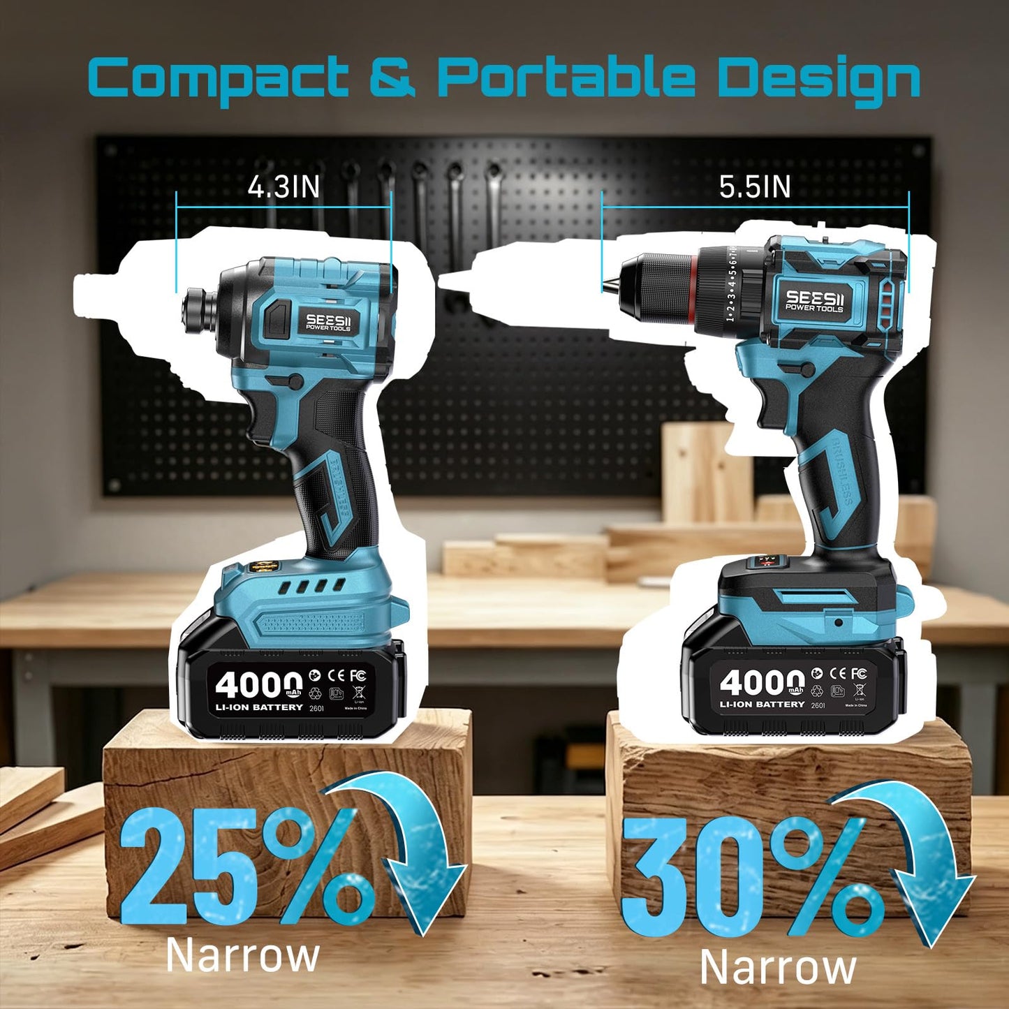SEESII 21V Max Cordless Drill and Impact Driver, Power Tool Combo Kit Included 3/8'' Drill & 1/4'' Impact Driver, 2x 4000mAh Battery, Fast Charger, 20 pcs Driver Bit Set & Bag