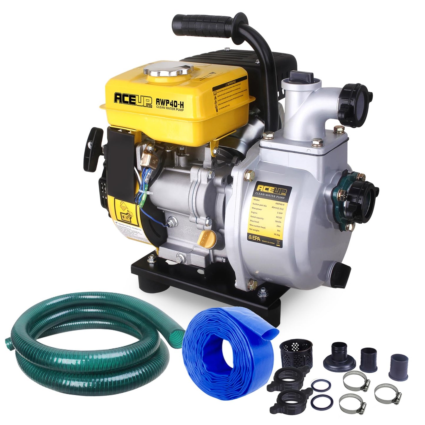 Aceup Energy Gas Water Pump 1.5-Inch with Hose, 79 GPM 79.8cc 2.1 HP Gas Powered Water Pump, Lightweight, EPA Certified