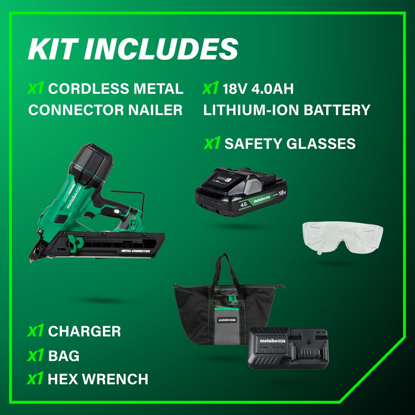 Metabo HPT 18V MultiVolt Brushless 1-1/2" Metal Connector Nailer, Cordless Air Spring Nailer with 18V 4.0Ah Battery, Lightweight Design, 600 Nails Per Charge, Sequential Actuation, NR1838DKA