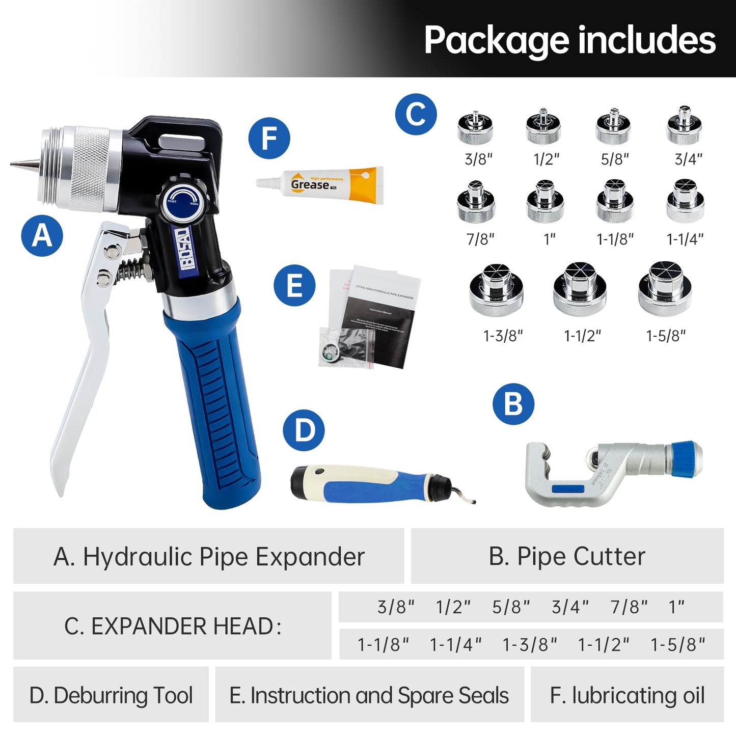 IBOSAD HVAC Hydraulic SWAGING tool kit for copper tubing Expanding 3/8 inch to 1-5/8 inch,with 11PCS Expanding Jaws