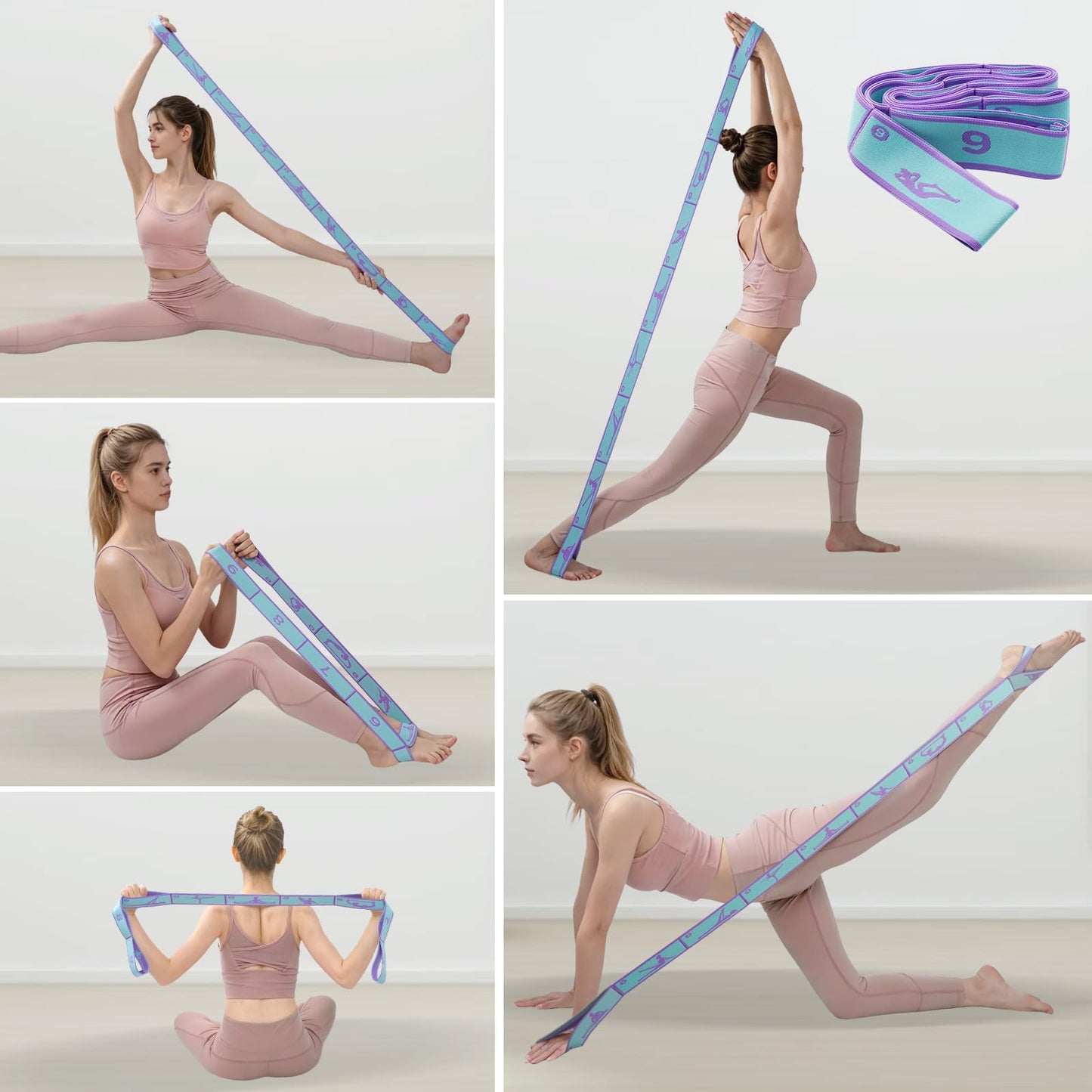 Yoga Strap with 9 Loops, Elastic Stretching Band for Pilates, Dance, Ballet & Flexibility Training, Pose Guide Pattern for Beginners, Adjustable Stretch Strap for Hamstring, Leg & Back Stretch (Blue)