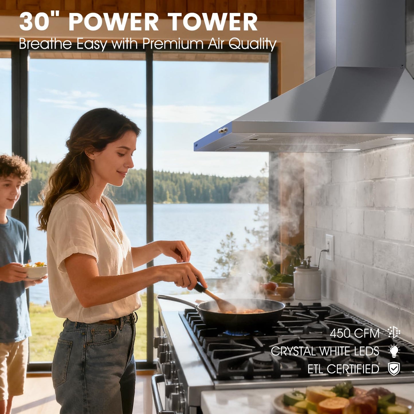 AURAKICH Range Hood 30 inch, 450CFM Wall Mount Kitchen Hood in Stainless Steel, CRYSTAL WHITE 12000K LEDs, Baffle Filters, Ducted/Ductless Convertible (Charcoal Included)
