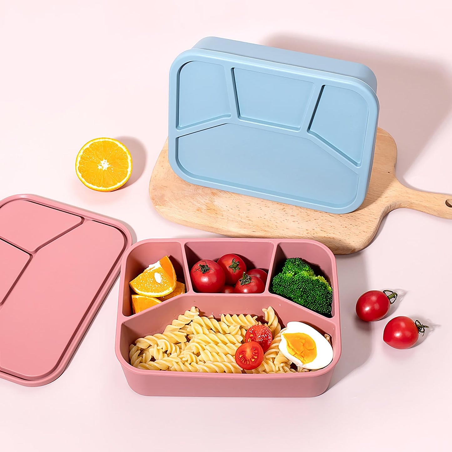 AROCFTIE Silicone Bento Box, 4 Compartment Hard-Shell Food Grade Silicone Lunch Box with Lids,40oz Leak-Proof Lunch Containers with Four Sections, Oven & Dishwasher Safe (Blue)
