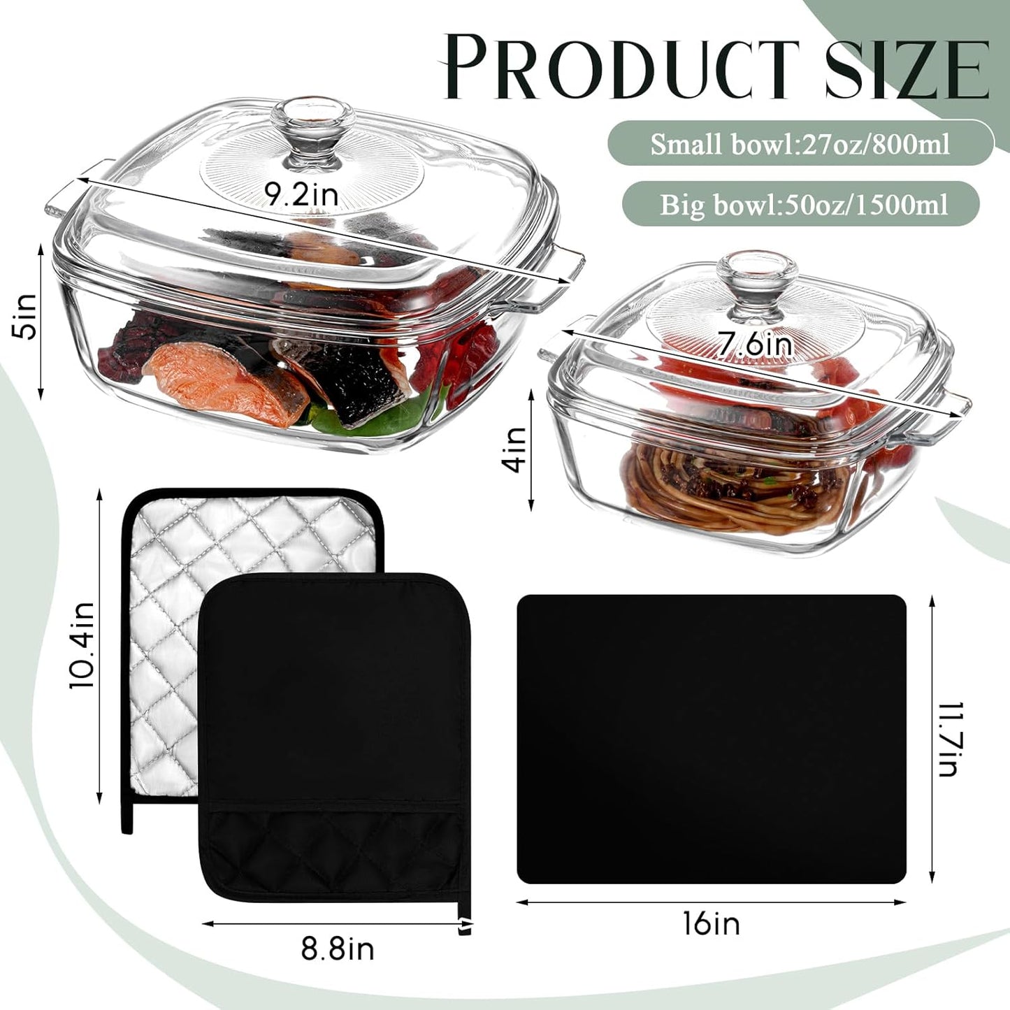 Teenyyou Glass Casserole Dish Set - 2 Pcs with Lid, Baking Gloves & Heat Resistant Mat | 1.5L & 0.8L