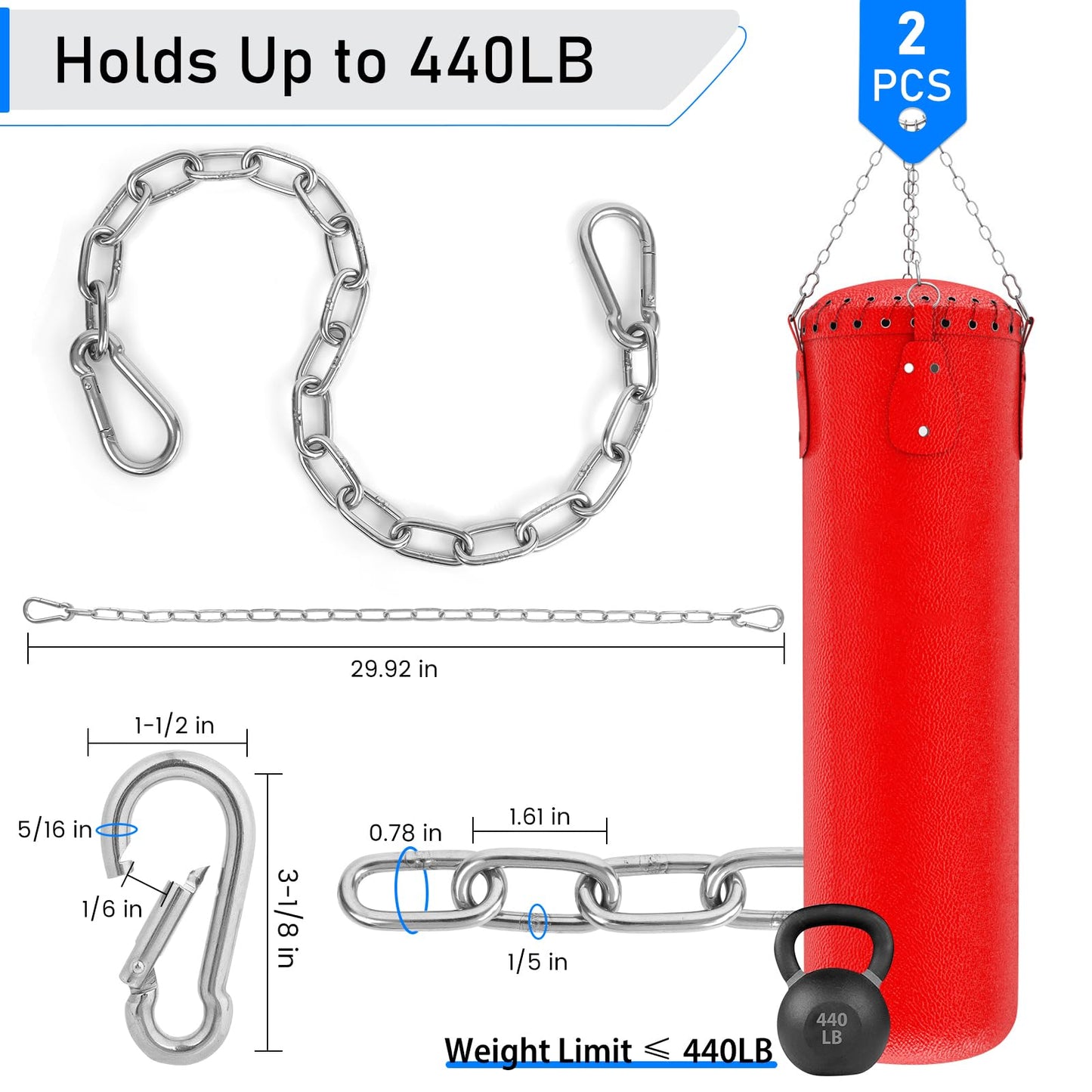 2 Pack 30 Inch Heavy Duty Chains, 1/5 Inch Thick Steel Hanging Chain with Spring Snap, Easy to Install Chain Extender for Punching Boxing Bag, Hammock, Porch Yoga Trapeze Swing, Silver, 440LB