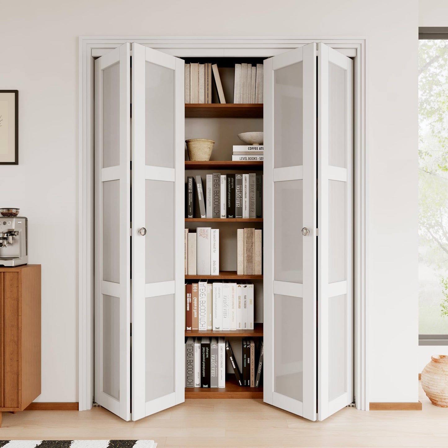 JuJuBon Bifold Doors for 60"x 80" Opening, 3-Lite Tempered Frosted Glass Closet Door with Sliding Hardware Kit, Interior Bi Fold Doors for Pantry, Solid Build Quality & Easy Install
