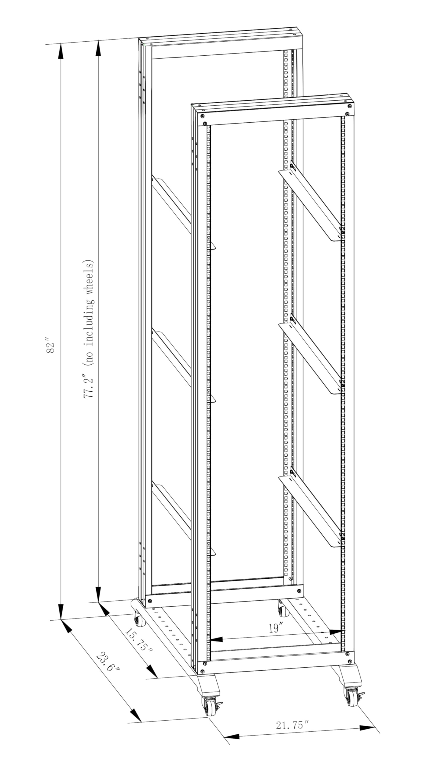 42U Server Rack/4-Post 19in Network Rack/Open Frame Rack with Wheels, Heavy-Duty Frame Cabinet/Adjustable Depth 15.75-13.75in GLOBALRACK，(4POST-600-42U)