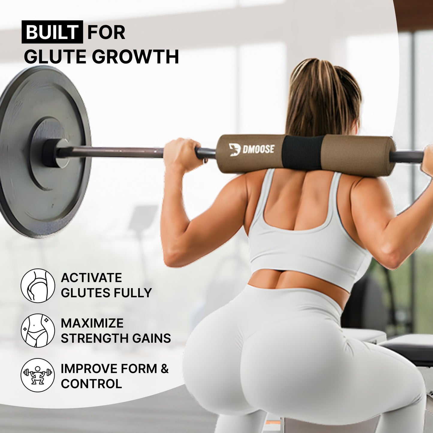 DMoose Fitness Barbell Pad for Hip Thrust, Squat & Lunges - Non-Slip Thick Foam Cushion for Neck and Back Support with Two Straps - Hip Thrust Pad for Leg Day - Fits All Olympic Bars (Cocoa Brown)
