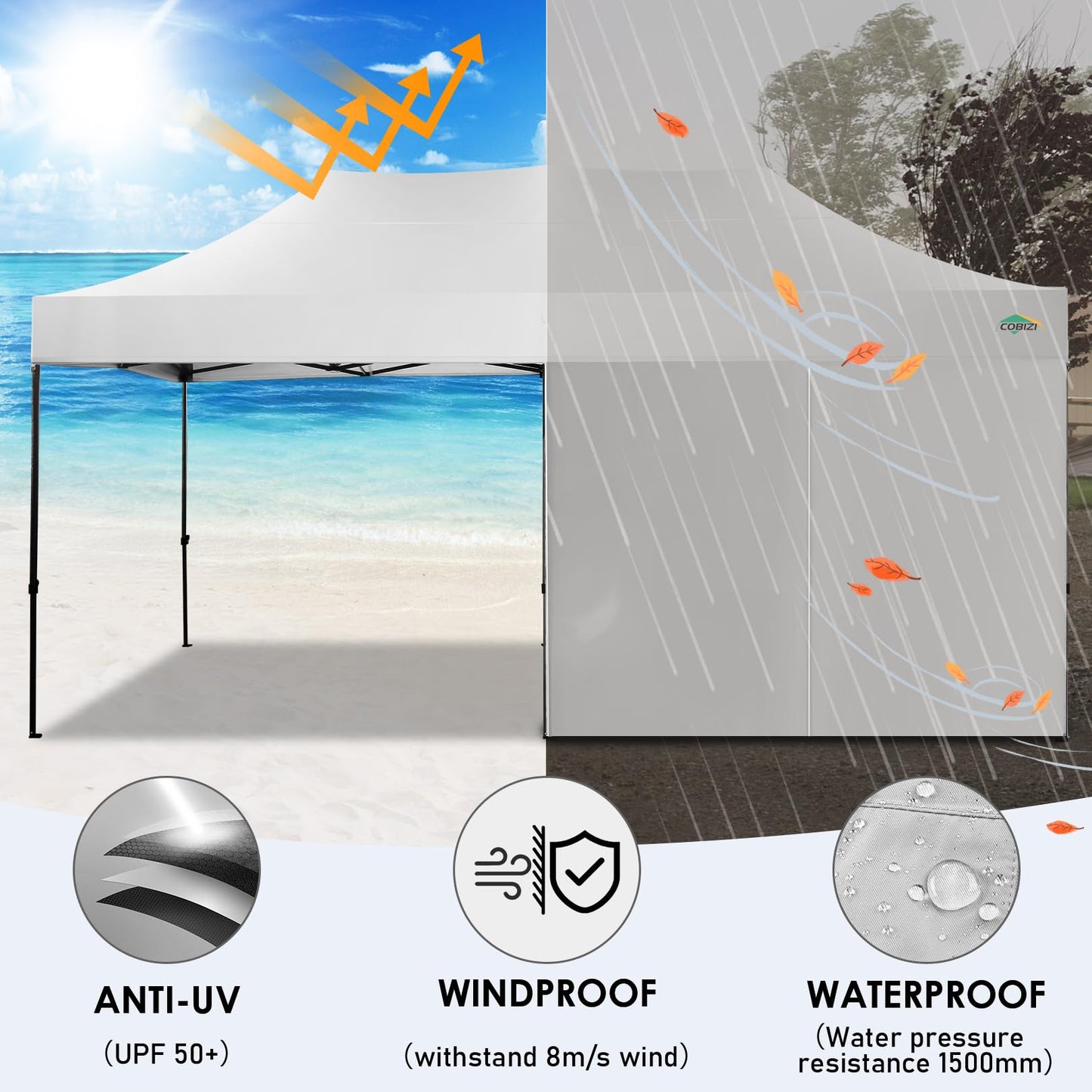 COBIZI 10x20 Heavy Duty Pop up Canopy Tent with 6 sidewalls Easy Up Commercial Outdoor Wedding Party Tents for Parties All Season Wind & Waterproof Gazebo Roller Bag, White(Frame Thickened)