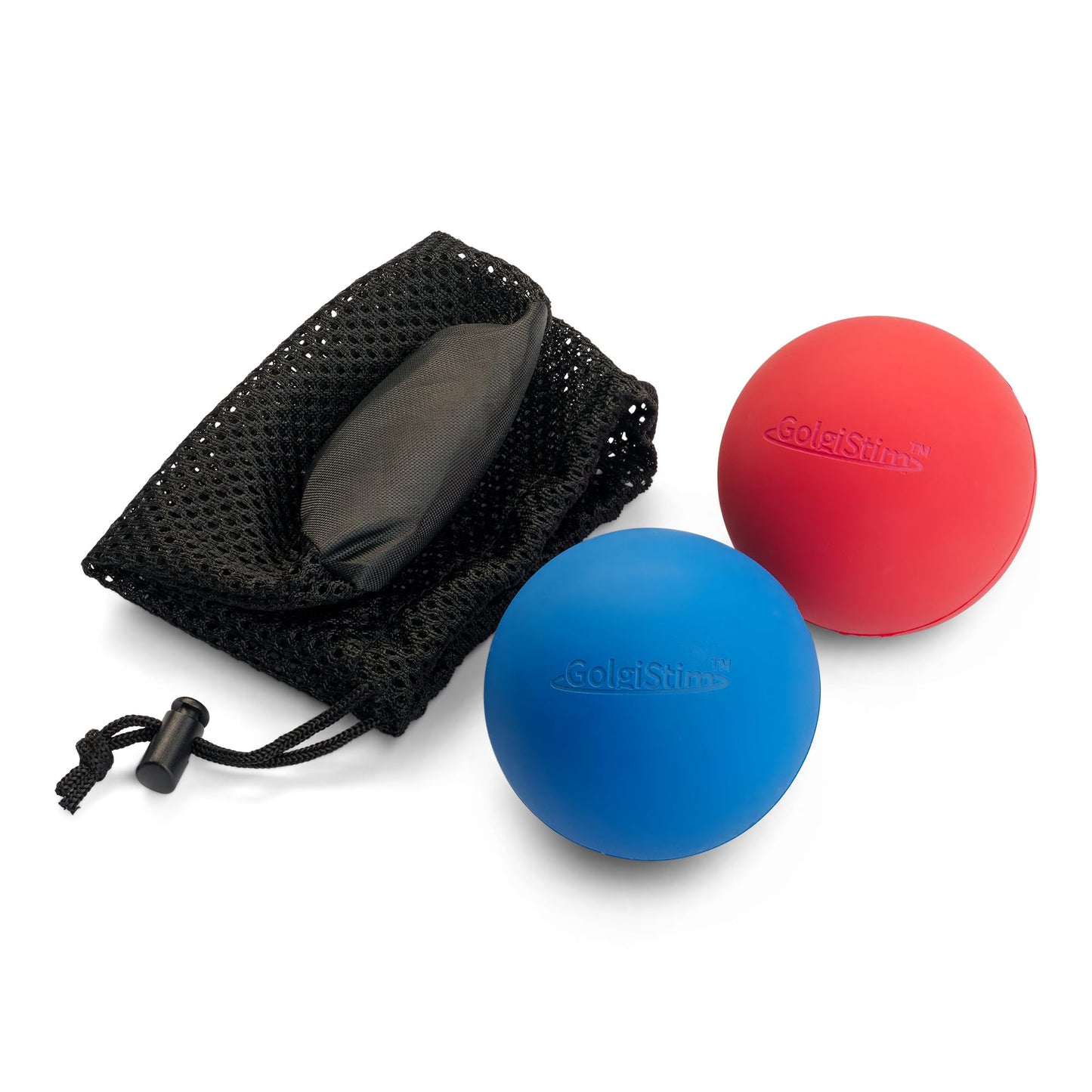 GolgiStim Lacrosse Massage Balls for Trigger Point Therapy, Muscle Knots, Yoga, Myofascial Release - Contains Pair of 2 Balls and Mesh Carrying Bag (Red and Blue)