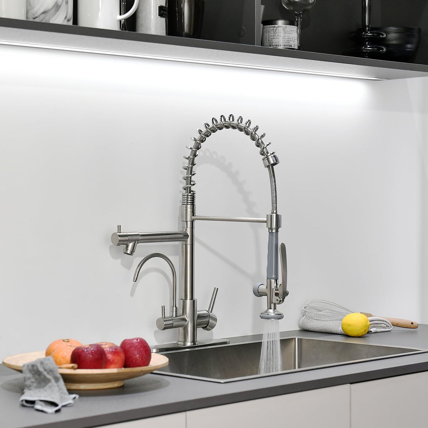 Fapully 3 in 1 Kitchen Faucet with Water Filler and Pull Down Sprayer,Brushed Nickel Commercial Kitchen Sink Faucet with Drinking Water Faucet