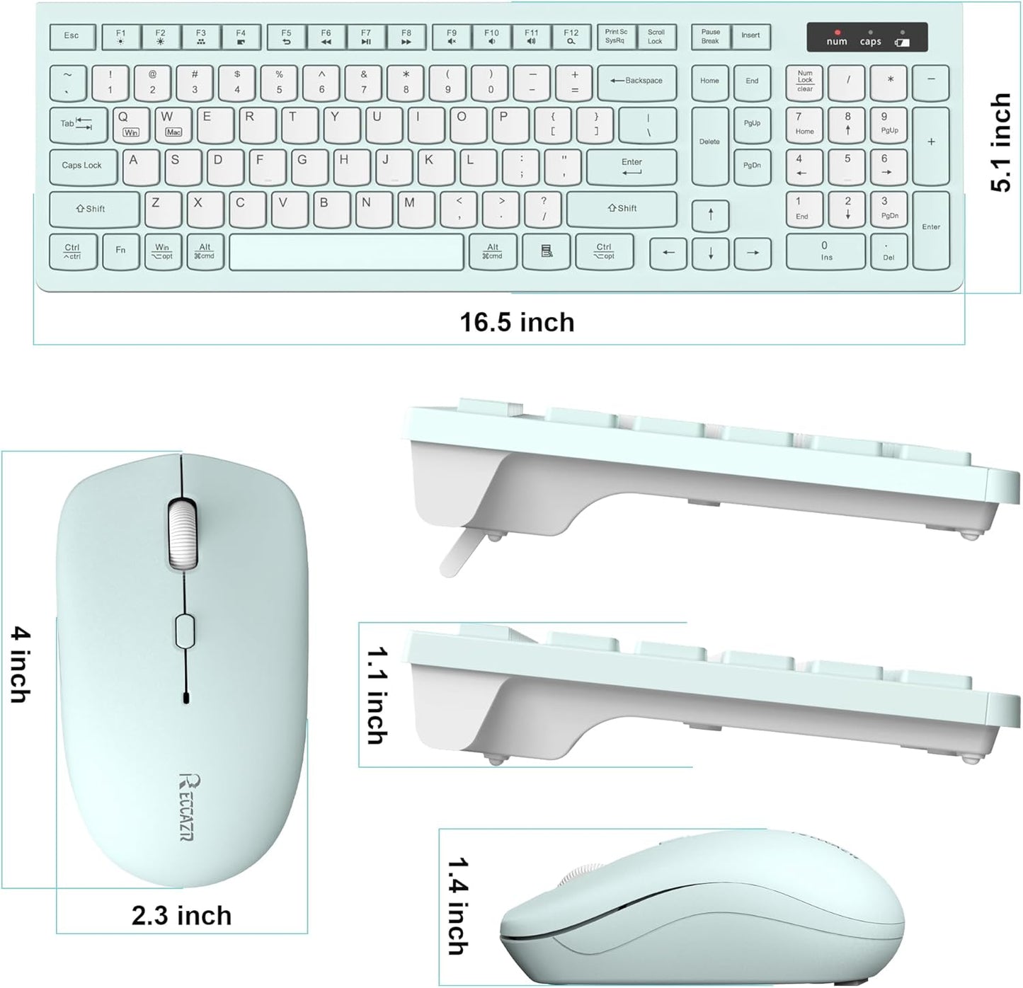 RECCAZR 2.4GHz Silent Keyboard and Mouse Combo Wireless,ful-Sized Wireless Keyboard and Adjustable DPI Mouse, USB
