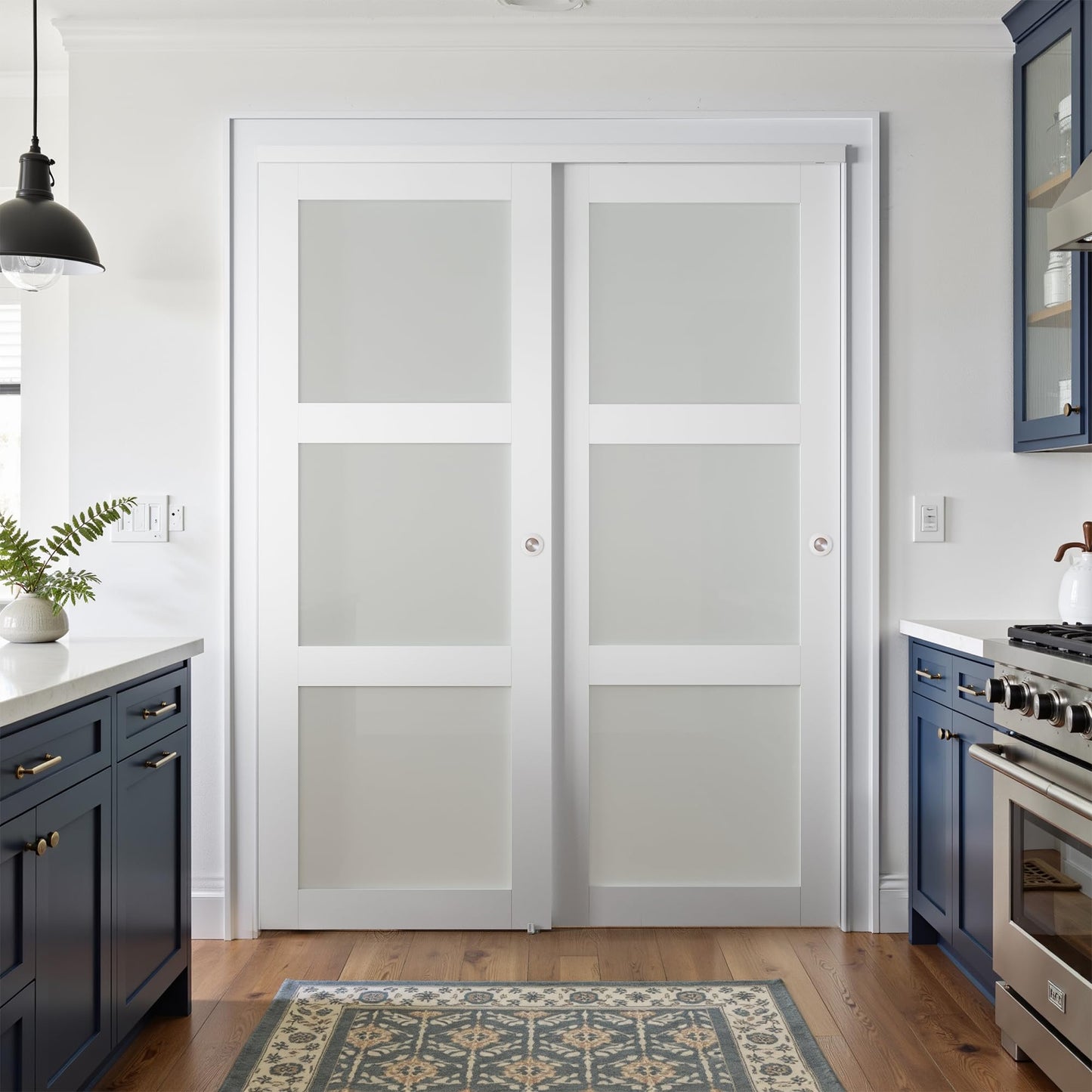 COSHOMER Sliding Closet Door for 64" x 80" Opening, 3-Lite Frosted Glass MDF Barn Door with Hardware Kit Set, Door Panels Need to Assemble, White