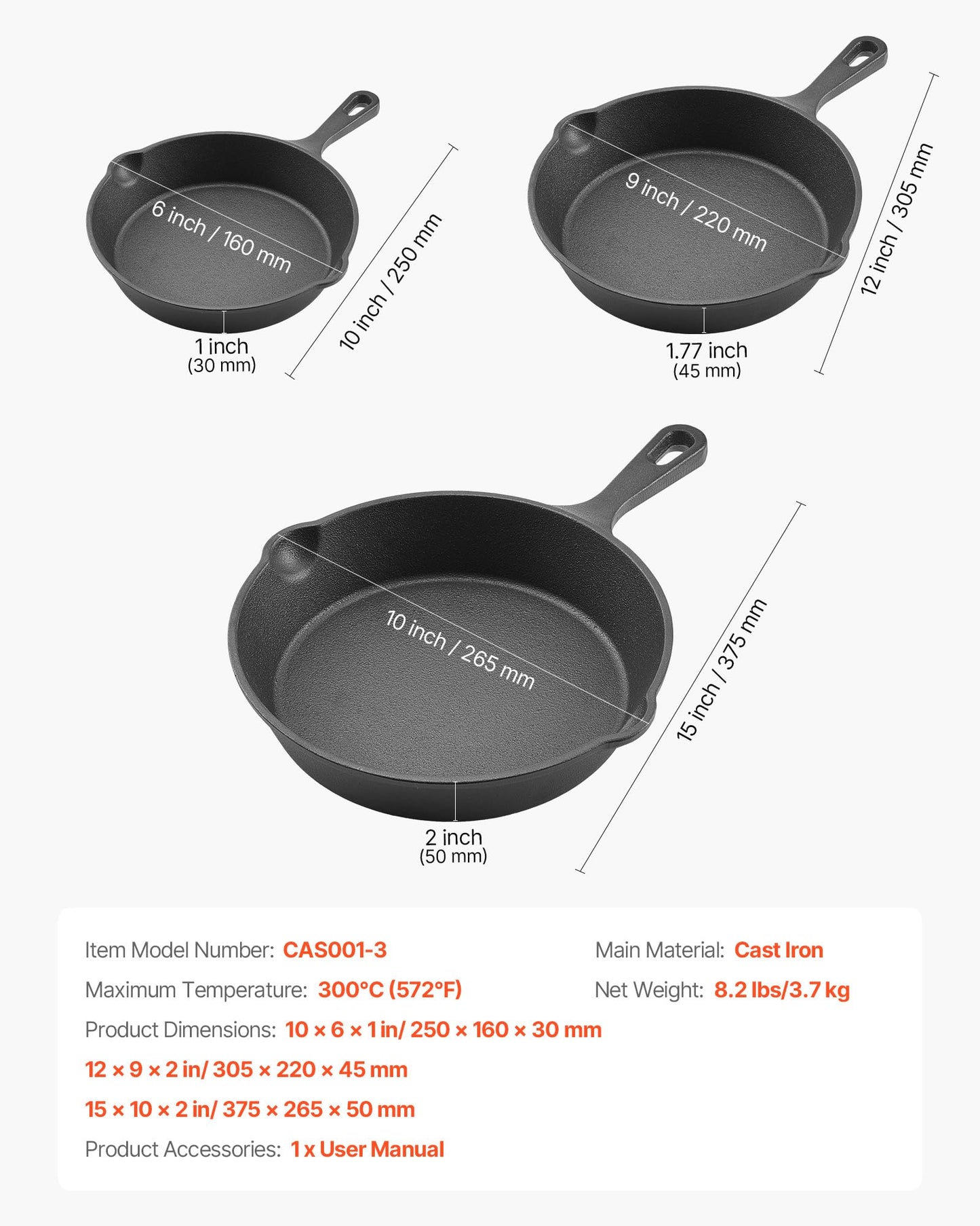 VEVOR Cast Iron Skillet, 3-Piece Frying Pan Set (6, 8, 10 in), Heavy-Duty Skillets with Heat-Resistant Handle, Pre-Seasoned Chef's Pan, Kitchen Cookware, for Oven, Gas, Electrical, Induction, Black
