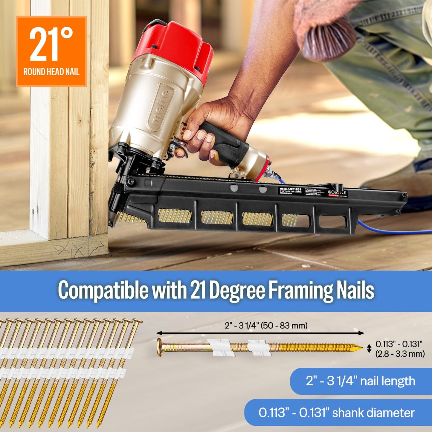 meite SN2183F 21 Degree Framing Nailer Pneumatic Nail Gun, Accepts 20-22° 2" to 3-1/4" Plastic Collated Framing Nails, Air-Powered Framing Nail Gun Tools for Wall Studs Pallet Sheathing Roof Decking