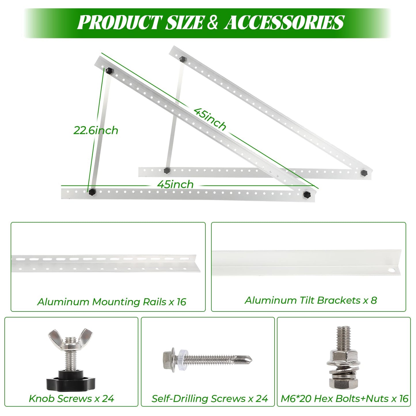 4 Sets 45inch Solar Panel Mounting Brackets, 0 to 90° Adjustable Solar Panel Mounting Rails, Fit for 150 200 400 600 Watt Solar Support Racks with Foldable Tilt Legsnel
