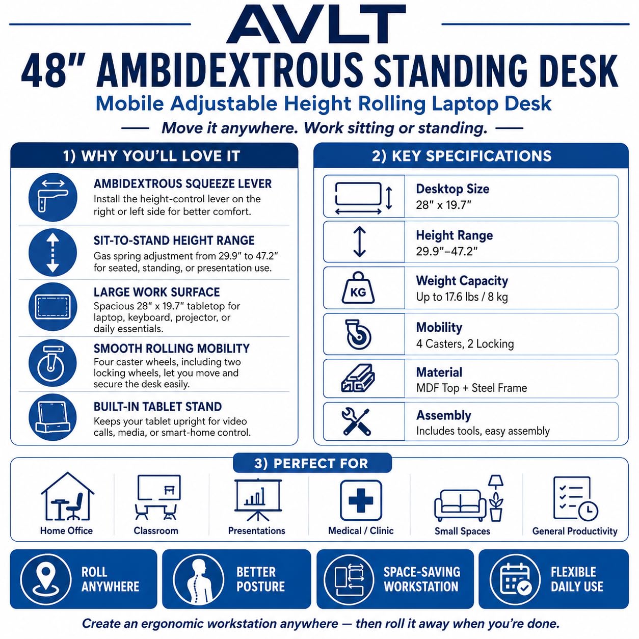 AVLT 48" Ambidextrous Standing Desk, Mobile Adjustable Height Rolling Laptop Desk, Folding Computer Projector Cart with Brake Casters, Portable White Desk for Home Office