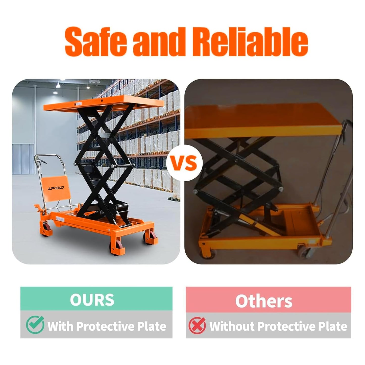 APOLLOLIFT Hydraulic Lift Table Cart, 1760lbs Capacity 59" Lifting Height, Double Scissor Lift Table with 4 Wheels and Safety Back Guard for Material Handling and Transportation(Orange)