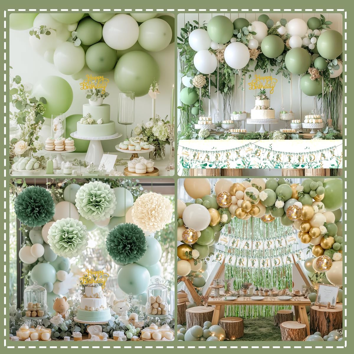 Sage Green Birthday Decorations Set - Balloons, Banner, Pom Poms & Crown for Boho Parties