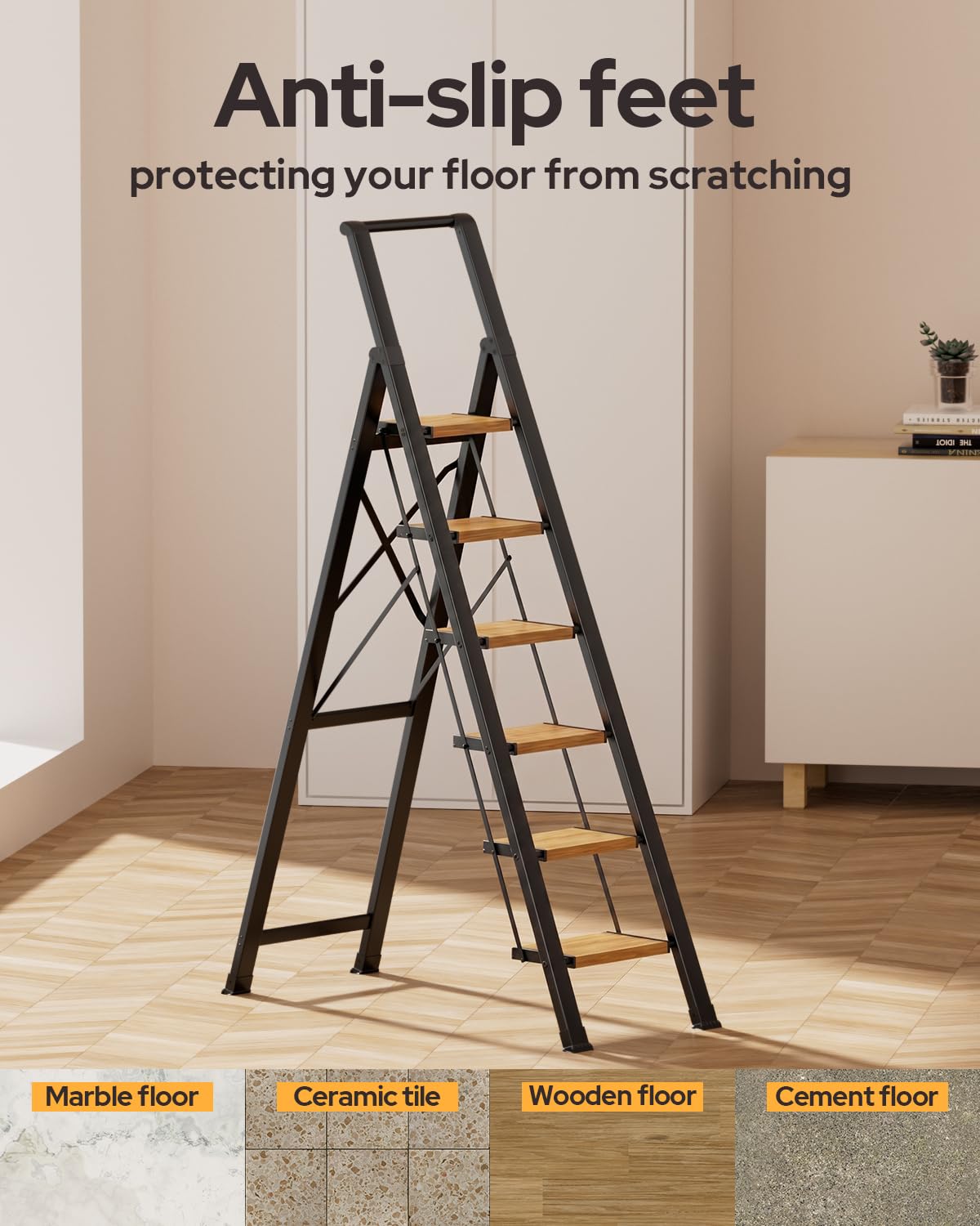 GameGem 6 Step Ladder for 12 Feet High Ceiling, Lightweight Aluminum Folding Step Stool with Convenient Handgrip, Stepladders with Anti-Slip and Wide Pedal for Home Use Space Saving - Black+Woodgrain