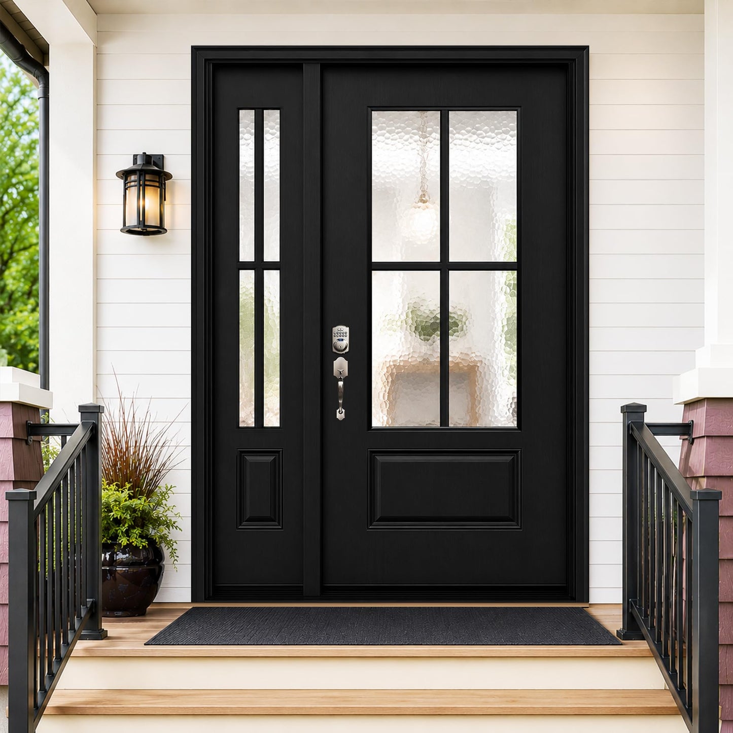 53x80in Fiberglass Front Door with 14in Sidelight, Black Exterior Entry Door for House, Right-Hand Inswing, Textured Finished with Hammered Glass Knock-Down Door, Vinyl Frame and Brickmould Included
