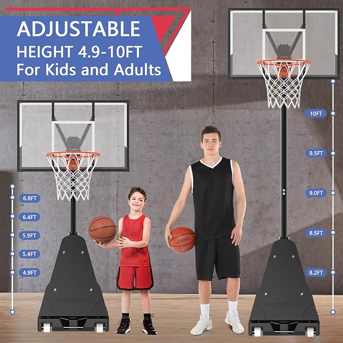 Portable Basketball Hoop Outdoor, Adjustable Height 5.5-10FT Basketball Goal with Heavy-Duty Steel Frame & Wheels