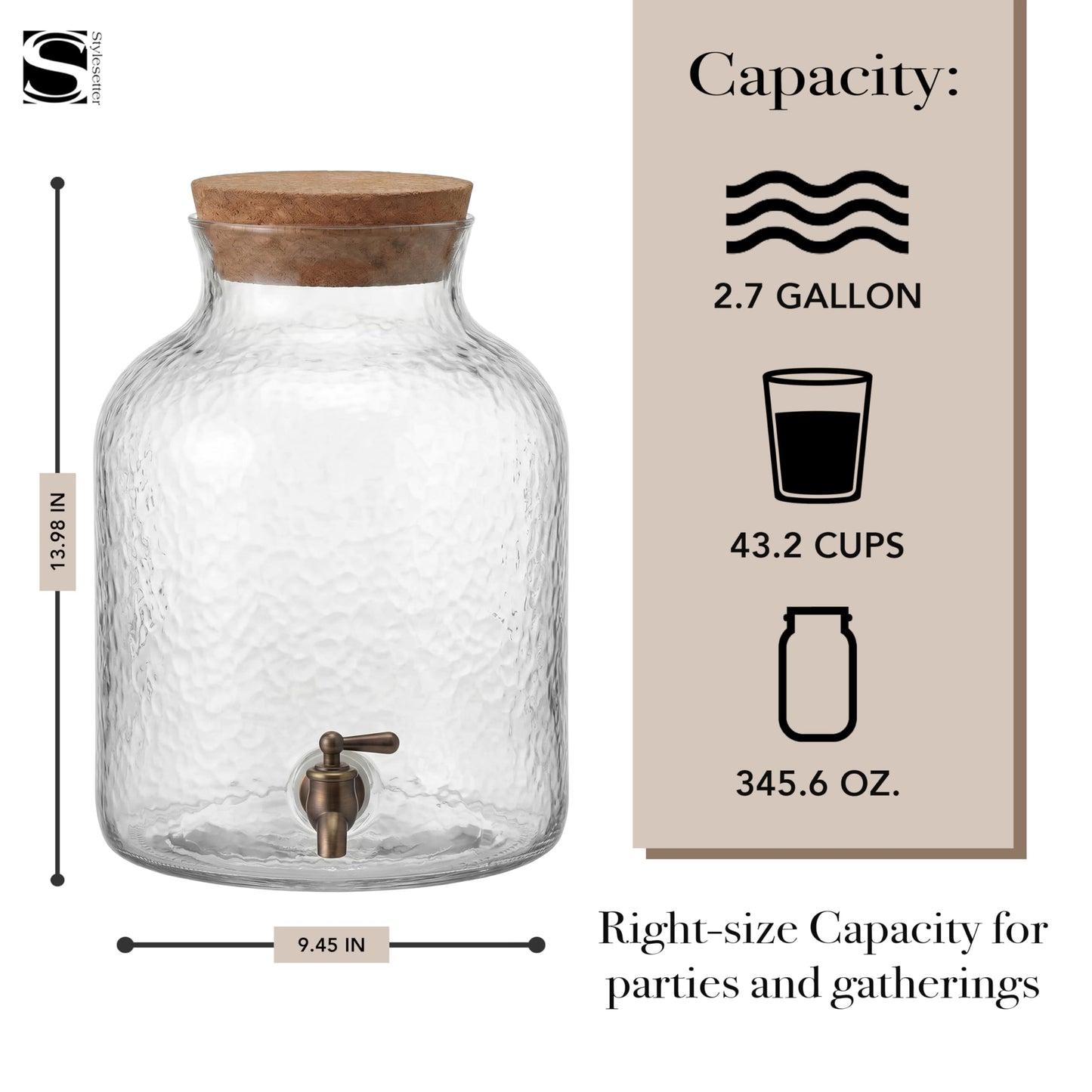Style Setter Beverage Dispenser Cold Drink Dispenser w/ 2.7 Gallon Capacity Glass Jug, Cork Lid & Leak-Proof Acrylic Spigot, Great for Parties, Weddings & More