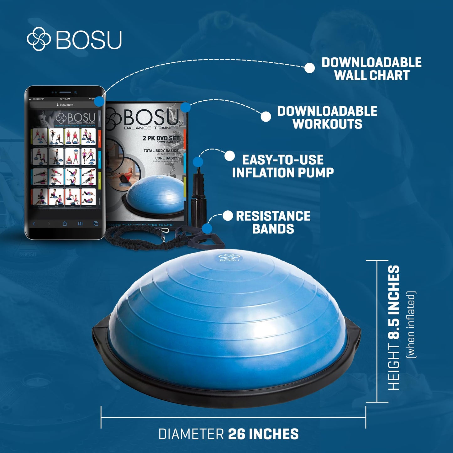BOSU Pro Balance Trainer, Half-Ball Training Equipment, 300 lb Capacity, Stability Exercise Tool with Resistance Bands Non-Slip Base, Blue