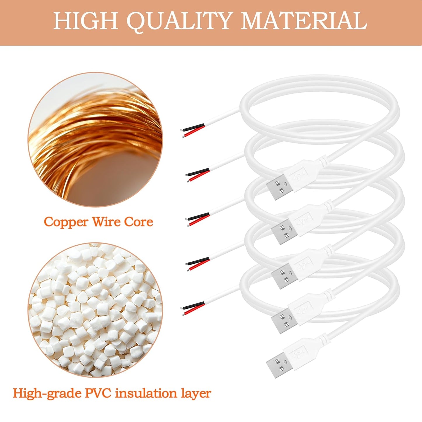 WMSDGZAI 24AWG 2.0 2 5V 2A 1.64FT 5PACK) USB Male Pin Bare Wire Pigtail Cable, USB Extension Cable Open End for DIY