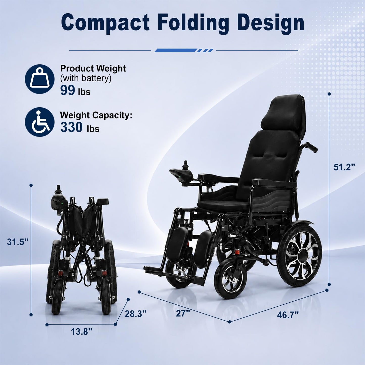Heavy Duty Electric Wheelchair, Reclining Foldable Electric Wheelchairs for Adults, 15 Miles Range, All Terrain Portable Power Motorized Wheelchair for Seniors, 330 Lbs Capacity