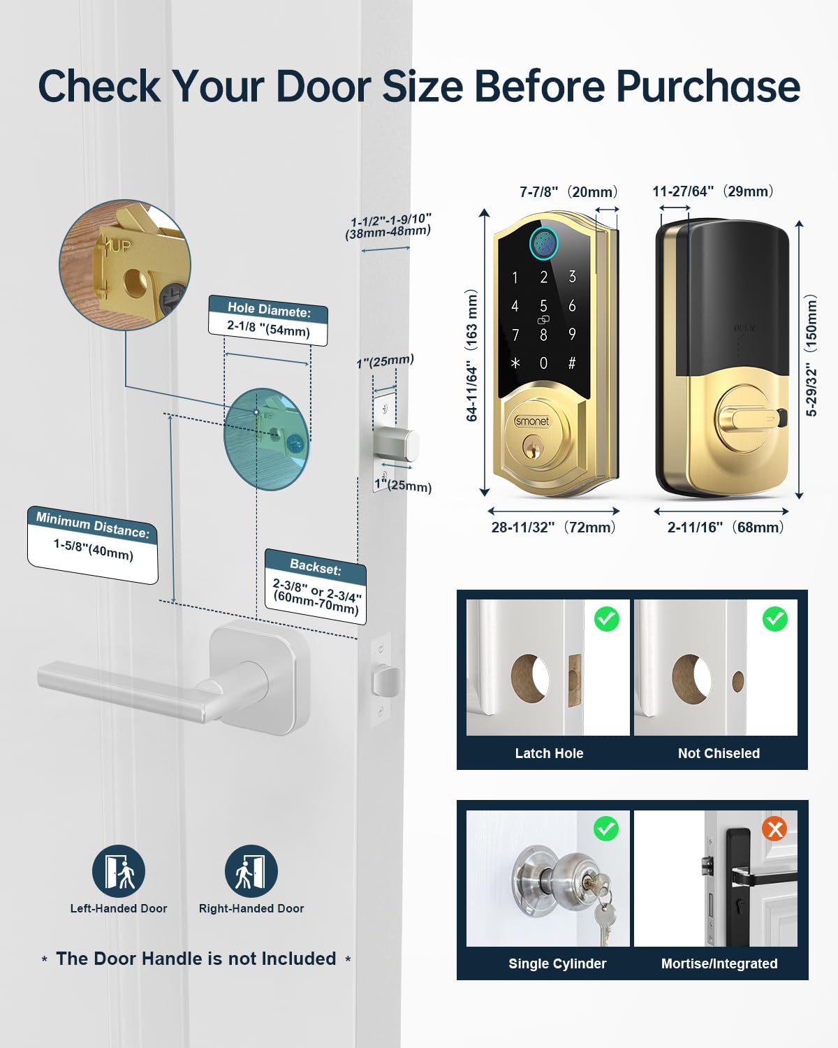SMONET Smart Lock Brass Fingerprint Deadbolt, Keyless Entry Door Lock with App Remote Control,Electronic Touchscreen Keypad Biometric Smart Locks for Front Door,Auto Lock,Gold