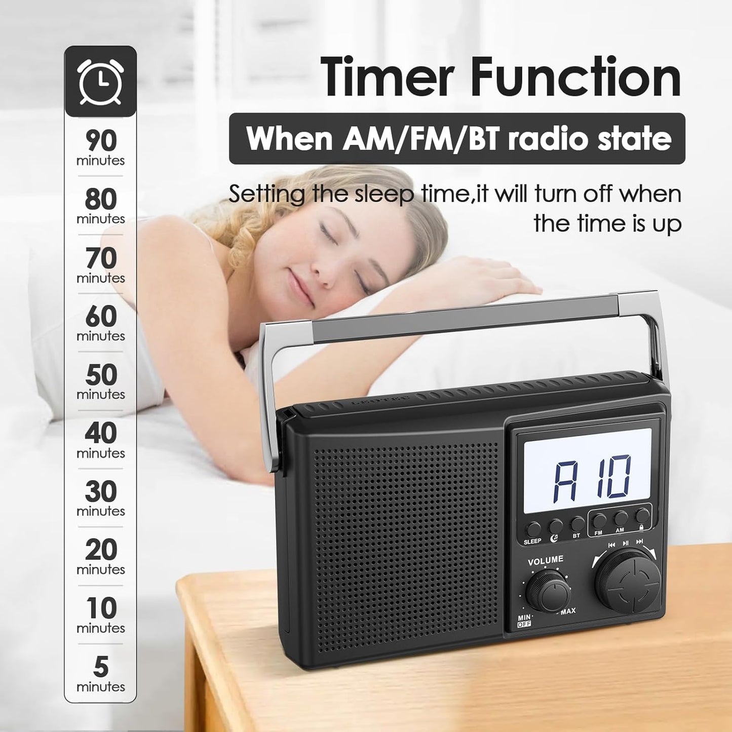LEOTEC Operated,10 AM FM Radio with Bluetooth,Portable Radio Strong Reception,Plug in Wall,Battery White Noise