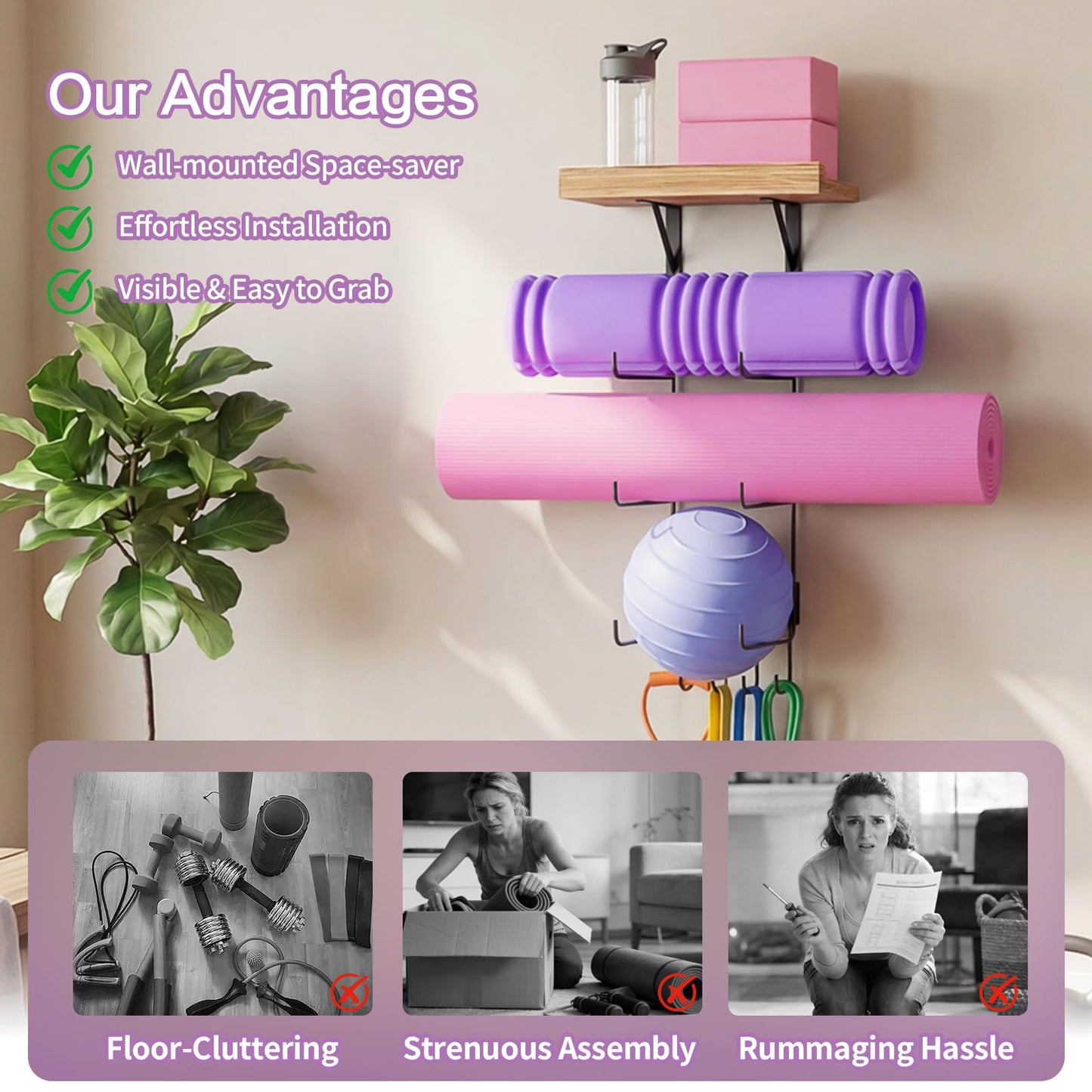 Bikoney Yoga Mat Holder Wall Mount Yoga Mat Storage Home Gym Accessories with Wood Floating Shelves and 4 Hooks for Hanging Foam Roller and Resistance Bands Fitness Home Gym Carbonized Black