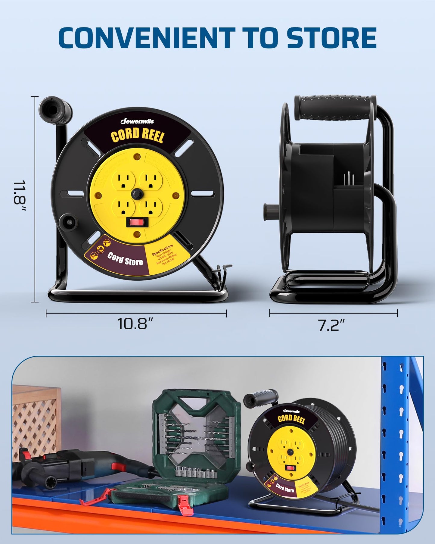 DEWENWILS Extension Cord Storage Reel with 4-Grounded Outlets, Heavy Duty Open Cord Reel for 12/3,14/3,16/3 Gauge Power Cord, Hand Wind Retractable, 15A Circuit Breaker, Rocker Power Switch