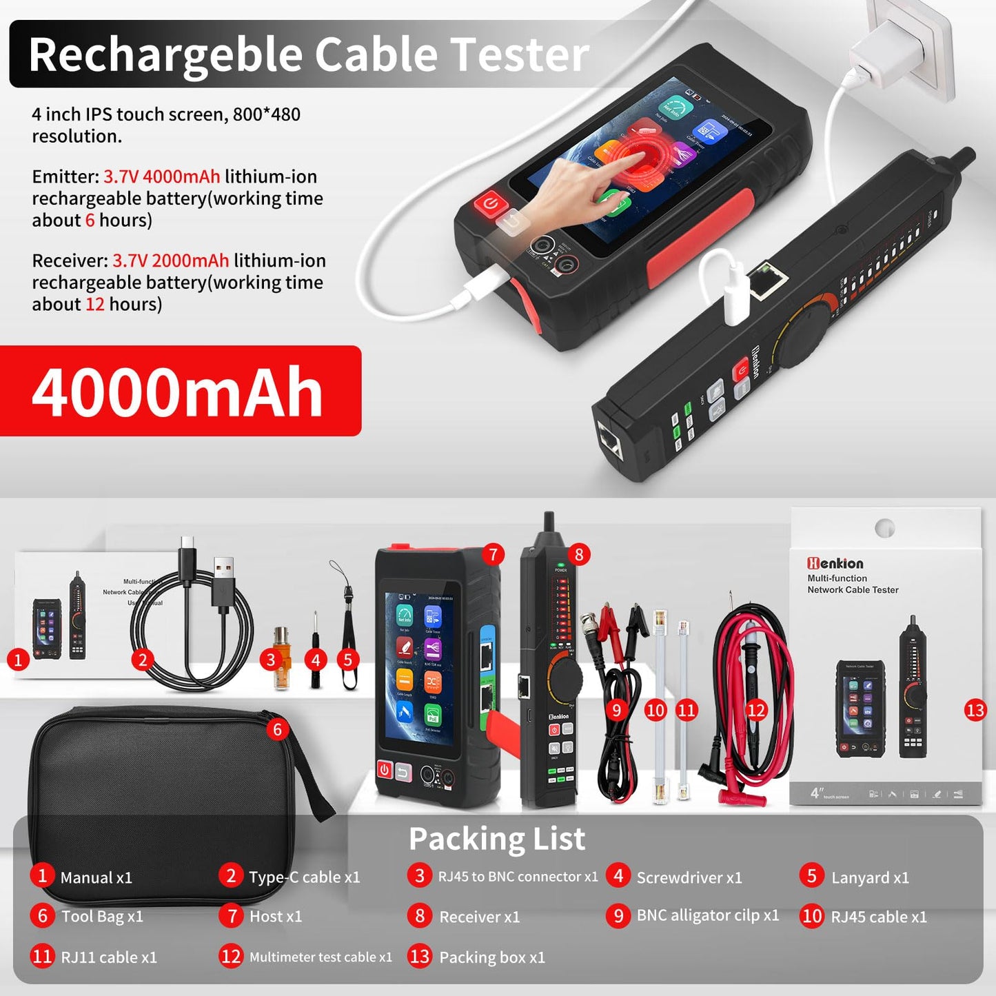 Multifunction RJ45 Network Caber Tester,Full Features UTP Cable Tester Cable Tracer,4" IPS Touch Screen Support TDR,DMM,OPM,POE++ Detect,Level Meter,Ethenet Network Tester,RJ45 TDR,Length,FTP(LT-600T)