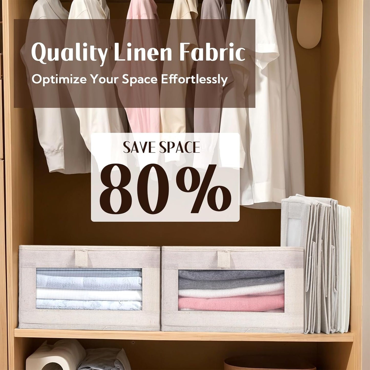 VZZNN Linen Closet Organizers - 4 Pack Foldable Storage Bins with Clear Window | Beige