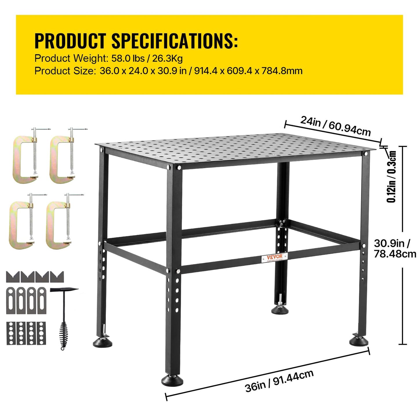 VEVOR Welding Table 36" x 24", 800LBS Capacity Welding Workbench Table, Heavy-Duty Work Bench with 0.63" Fixture Holes and Non-Slip Foot Pads for Welding Assembly Repair Works