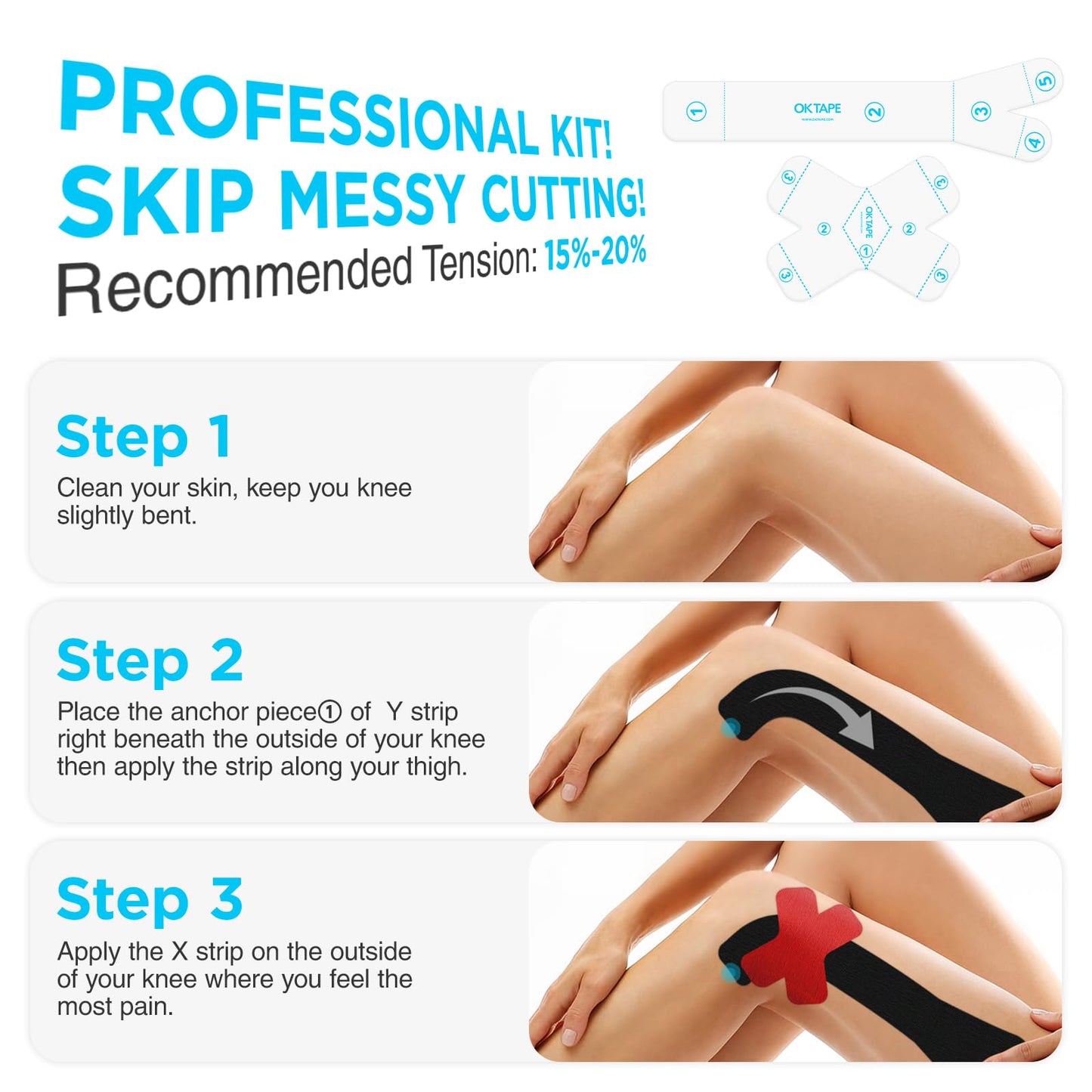 OK TAPE Precut Kinesiology Tape for Knee, Thigh, IT Band Pain Relief, 20 Strips, Provide Support & Stability, Elastic Athletic Tape, Waterproof Knee Tape for Running (Black & Red)