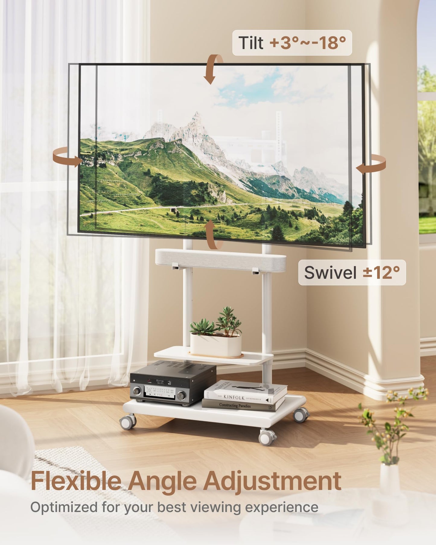 ECOTINY Steel Base Rolling TV Stand with Soundbar Mount for 37-75 inch TVs up to 154lbs, Swivel&Tilt Mobile TV Stand with Large Storage, Height Adjustable Heavy-Duty TV Cart, Max VESA 600x400mm, White