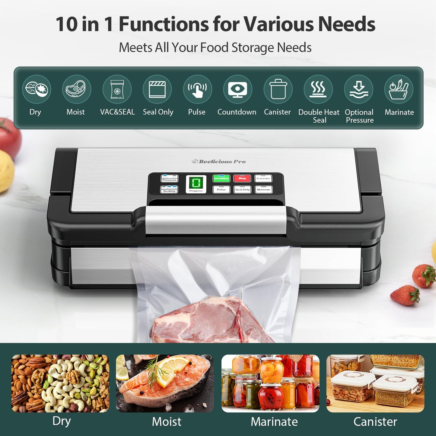 95kPa Vacuum Sealer Machine with AquaLock Technology, for Moist Seals, 2X Seal & 130W, Fully Automatic Food Sealer, Built-In Cutter