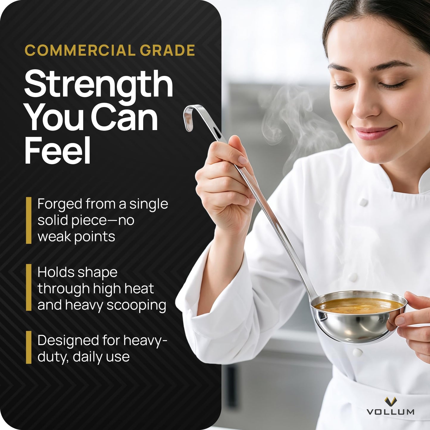 Vollum 1-Piece Stainless Steel Ladle - Heavy Duty Commercial Thick Stainless Steel - 8 Ounce (3.9" Bowl Diameter, 15.1" Handle Length)