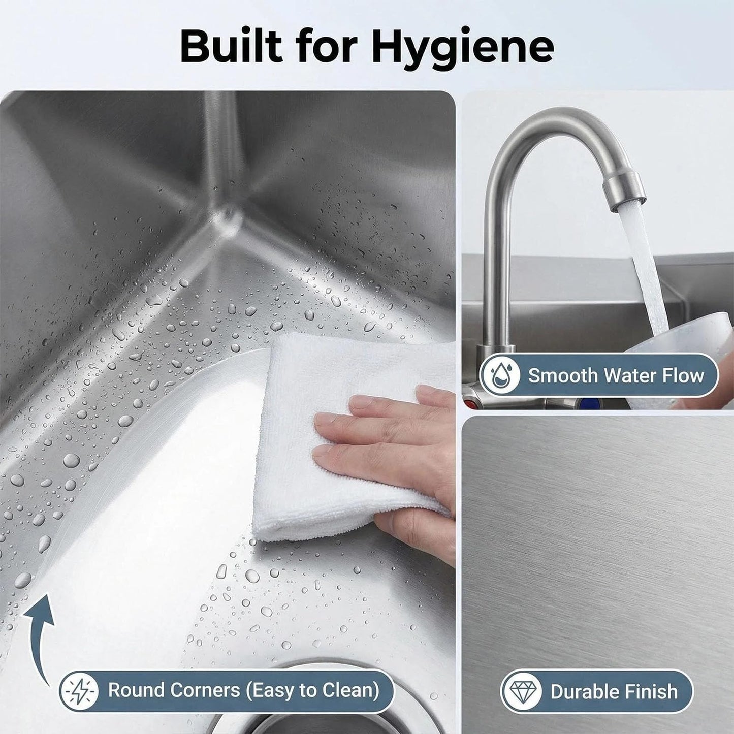 Commercial Hand Sink Stainless Steel, Wall Mount or Drop-in Utility Sink with Swivel Faucet, 3-Side Backsplash & Drain Kit, Small Hand Wash Sink for Restaurant Kitchen Bar Garage